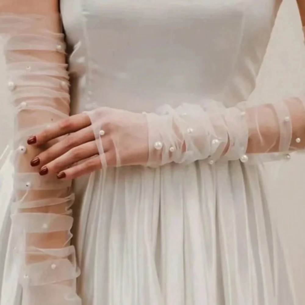 Fingerless pearl tulle long sleeve open finger bride gloves